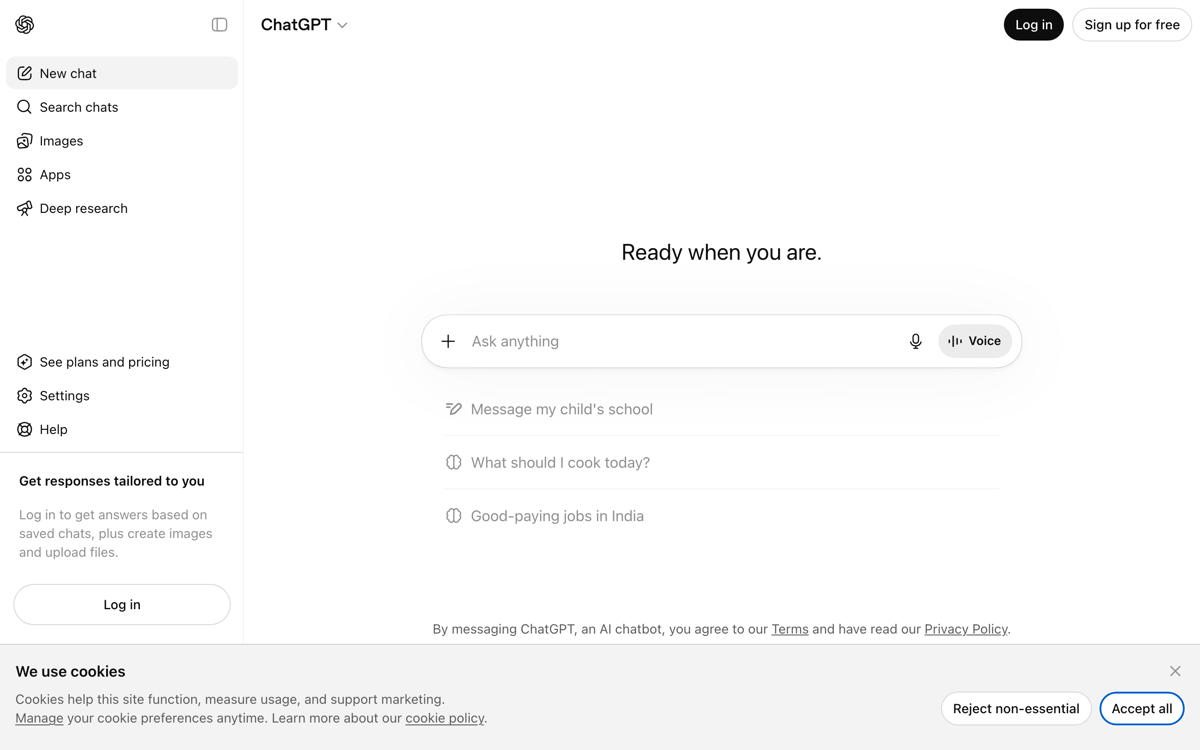 ChatGPT home screen with GPT-5.5 model selector for coding and agent tasks