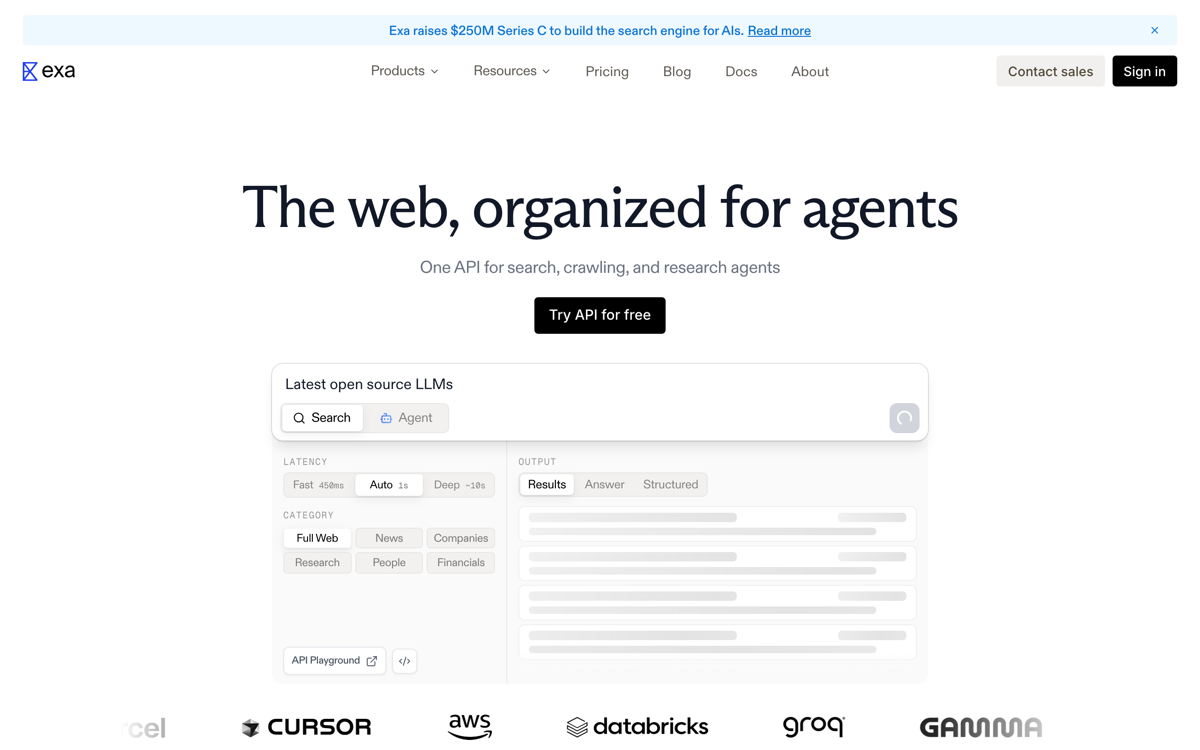Exa AI home on exa.ai with search API and MCP documentation links