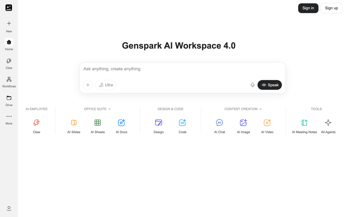 Genspark Workspace 2.0 browser with agents and creative tools sidebar