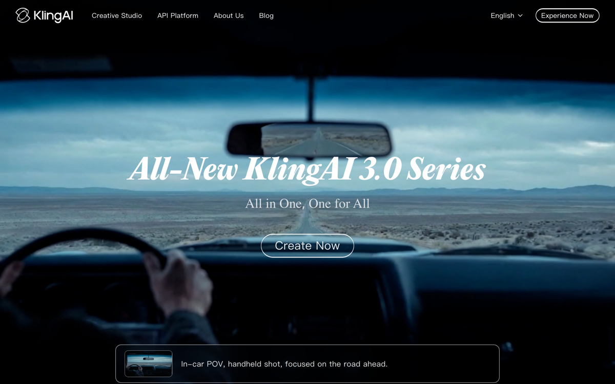 Kling AI home screen with text-to-video controls